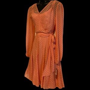 Tahari NWT pink peach women’s size 12 sheer and polka dot dress ties at waist